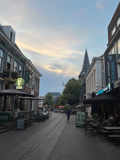 The image depicts a street scene in Enschede, Netherlands, likely in the city center, given the presence of shops and restaurants. The time appears to be late afternoon or early evening, with a soft, diffused light illuminating the sky, suggesting a cloudy or overcast condition with hints of sunset colors.
On the left side of the street, a building with dark siding and a brick facade features outdoor seating for a restaurant or bar. A prominent green sign with an image of a woman's face and the text "BARDOT BAR & RESTAURANT" is visible. Another green banner with "BARDOT" is also displayed. Umbrellas provide shade over the outdoor seating area.
On the right side of the street, a building has a vertical sign that reads "GRIEKSE RESTAURANT THESSALONIKI" with an image of grapes. This establishment also has outdoor seating with umbrellas and tables. Further down the street, more restaurants and shops are visible, with patrons seated at outdoor tables.
The street itself is paved with cobblestones, and there are tram tracks running down the center. A church steeple with a clock is visible in the background, a common landmark in European cities. Several people are walking along the street, and others are seated at the outdoor dining establishments. The overall atmosphere is one of a relaxed, urban environment where people are enjoying the evening.