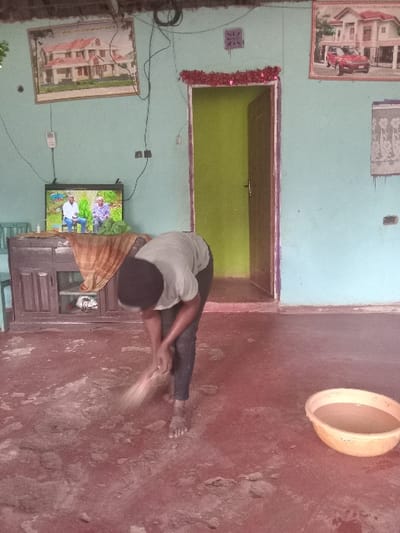 An individual is sweeping a reddish-brown floor with a broom. The room features blue walls adorned with framed pictures and decorative floral arrangements around a doorway. A television displays a program on a stand nearby. An empty, round vessel hangs on the wall in the background.