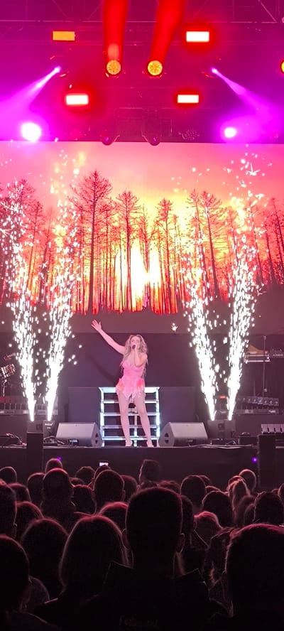 The image depicts a live concert scene, likely held at an outdoor venue in Cerdanyola del Vallès, Spain. A female performer stands on a stage, dressed in a short pink outfit with floral accents. She is singing into a microphone and has her right arm raised in a gesture of engagement with the audience.
Behind the performer is a large LED screen displaying a stylized forest scene with a fiery sunset or sunrise effect. Pyrotechnic displays erupt on either side of the stage, shooting upwards.
The stage is equipped with speakers and lighting fixtures. Above the stage, additional stage lights are visible. In front of the stage, a crowd of people is visible, their faces mostly obscured by the dim lighting.