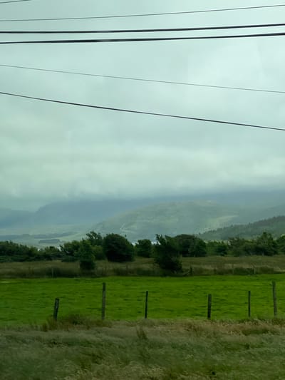 The image depicts a rural landscape in Meenacuing, Ireland, characterized by a lush green field in the foreground, bordered by a wooden fence. Beyond the field, a dense line of trees creates a verdant backdrop, separating the pasture from a distant body of water. Further in the distance, rolling hills emerge, shrouded in a soft, overcast sky. The scene conveys a sense of tranquility and natural beauty, characteristic of the Irish countryside.
