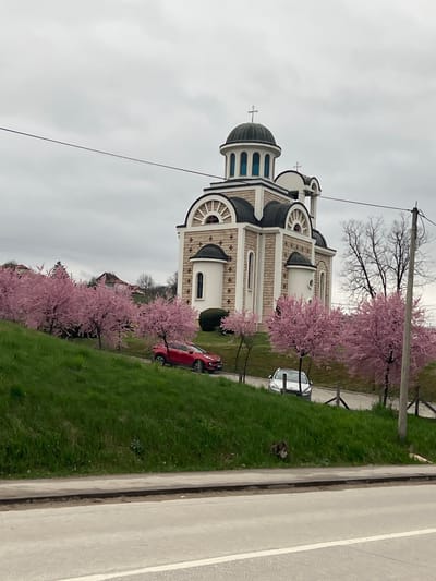 The image shows a church in Cacak, Serbia, with a distinct architectural style featuring domes and decorative brickwork. The church is surrounded by blooming trees with pink blossoms, suggesting it is springtime. A red car is parked near the church. The sky is overcast. A paved road runs adjacent to a grassy area near the church. A silver car is parked nearby.