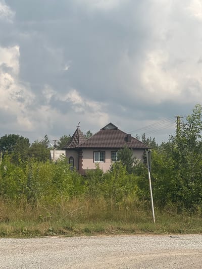 A light-colored house with a dark brown, multi-faceted roof is partially obscured by lush green foliage in Husiatyn, Ukraine. The house features several white-framed windows and a distinctive conical turret topped with a weather vane. Power lines stretch across the frame, supported by utility poles amidst the trees. In the foreground, a gravel road runs along the bottom of the image, with tall dry grass and leafy bushes bordering it. The sky is overcast with dark, heavy clouds.
