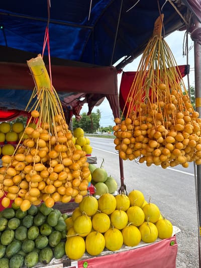 A roadside fruit stand in Rai Mai, Thailand, is depicted. Two large bunches of yellow dates hang from the canopy of the stand, which is supported by poles. Below the dates, on a red-covered table, are piles of green mangoes and yellow melons. In the background, a road is visible with passing cars. The scene appears to be a typical street market in Thailand.
