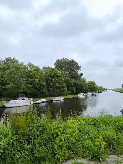 The image depicts a canal in Oudorp, Netherlands, lined with lush green vegetation and several boats docked along the bank. The sky is overcast, suggesting a cloudy day. The canal stretches into the distance, with more boats visible along its course. The vegetation in the foreground is dense and varied, with grasses and leafy plants dominating. The boats are primarily white and appear to be recreational vessels. The environment is tranquil and typical of a Dutch waterway. There is no indication of people in the image.