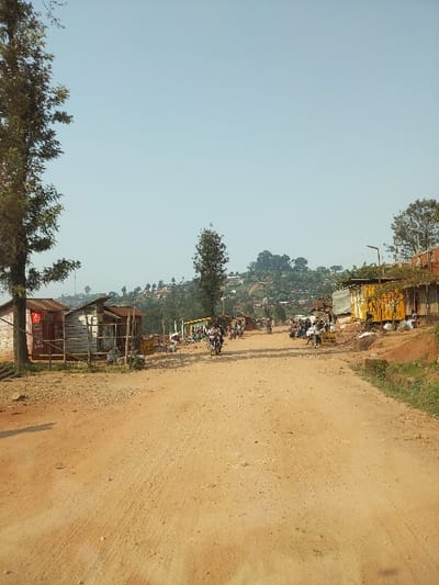This image captures a wide-angle view of an unpaved, reddish-brown dirt road in Rutshuru, Democratic Republic of the Congo, extending from the foreground into the distance under a clear, light blue sky. The road surface shows tire tracks and scattered debris.
Along the left side of the road, a large tree with dense green foliage occupies the foreground. Behind it, several single-story structures are visible; one appears to be constructed from a light-colored material with red elements, while others are wooden shacks with corrugated metal roofs.
On the right side of the road, a dirt embankment with sparse green vegetation rises. Beyond this, multiple single-story buildings line the road, some constructed from yellow corrugated metal sheets, indicating commercial establishments. A street light pole is visible on this side.
Numerous motorcycles, some with riders, are present on the road, primarily in the midground, suggesting active traffic. Several individuals are observed standing or sitting near the roadside structures and in proximity to the motorcycles.
The background features a hilly landscape covered with green vegetation and scattered small structures, extending towards the horizon. The scene is illuminated by natural daylight.