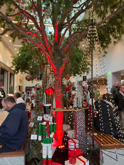 This image depicts an indoor public space, specifically within the city of Ribeauvillé, France, decorated for a holiday season. A large, natural tree with green foliage and a brown trunk stands centrally, illuminated from its base with a strong red light. The tree trunk and branches are adorned with various Christmas decorations, including hanging plaid spherical ornaments, large red bells, and numerous small, clear string lights. Around the base of the tree, an elaborate display features multiple nutcracker figures of varying sizes, miniature white and silver Christmas trees, and wrapped gift boxes with red ribbons. A prominent, large wooden nutcracker figure, painted green, white, and red, stands in the foreground, with small envelopes hanging from a nearby branch.
To the right of the central tree, a tall, black pole adorned with warm white string lights creates a conical, tree-like structure. Several individuals are present in the scene. In the lower-left foreground, a man with a beard, wearing a dark blue hooded sweatshirt and black shorts, sits on a wooden bench, looking downwards. In the mid-ground, another man in a white and black striped shirt is partially visible behind the first man. Further to the right, other individuals, predominantly men in casual winter clothing such as jackets and coats, are standing or seated on another wooden bench, with some looking towards the right side of the frame. The background reveals a modern architectural setting with high ceilings, recessed lighting, and what appears to be a "RECEPTION" sign on a wall. The overall impression is one of a festive, bustling indoor area.