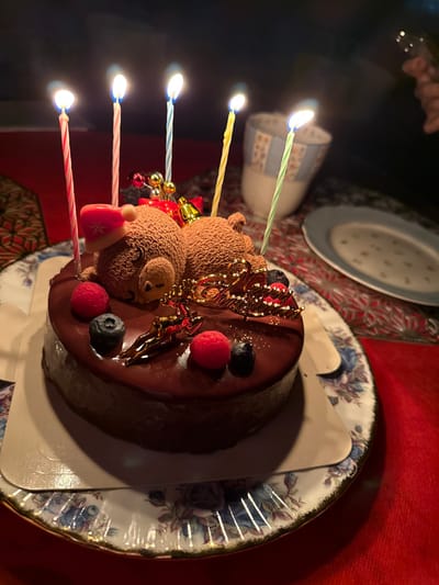 The image depicts a chocolate cake, centrally placed on a decorative white and blue floral plate with a gold rim, set atop a red textured tablecloth. Five lit spiral birthday candles are inserted into the cake: a red and white striped candle, a pink and white striped candle, a blue and white striped candle, a yellow candle, and a green and white striped candle. The cake itself is round, coated in dark chocolate ganache, and decorated with two edible brown figures resembling bears or hedgehogs, one wearing a red Santa hat with a white snowflake. Scattered on the cake are several fresh raspberries and blueberries. Two gold-colored decorations are also visible: one spelling "Merry Christmas" and another depicting a reindeer. In the blurred background, to the right, a light blue and white patterned mug and a plain light blue plate with a subtle pattern are visible. The scene is dimly lit, with the candle flames providing the primary light source. The event takes place in Kawasaki, Japan.