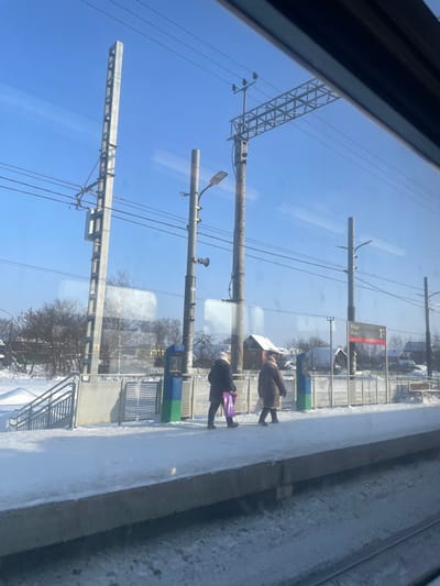 The image depicts a snowy winter scene at a railway station platform in Elektrougli, Russia, viewed from inside a train or railway carriage. The sky is clear and blue.

On the snow-covered platform, two individuals are walking from left to right. The person on the left wears a dark winter coat and a light-colored hat, carrying a purple bag in their left hand. The person on the right wears a brown or tan winter coat.

Along the platform, several tall utility poles support overhead electrical lines (catenary system) and streetlights. A brown sign with white text, partially obscured, reads "ЭТ УГЛИ" (Elektrougli) and displays "33 мин" (33 minutes). Two blue and green ticket machines or information kiosks are present on the platform. A metal fence borders the platform, beyond which a snow-covered staircase descends into a lower area.

In the background, snow covers dormant trees and the roofs of distant single-story buildings, indicating a cold, bright day. Train tracks are partially visible in the bottom right foreground.