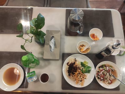 A bird's-eye view captures a table setting in Ürümqi, China, featuring several dishes and beverages. On the right, a plate holds a salad of chopped tomatoes, onions, and cucumbers, with a fork resting in it. Adjacent to this, a white plate displays a portion of noodles topped with dark chili paste and accompanied by lettuce. To the left, a white bowl contains a small amount of chili oil. Another white plate holds a shallow pool of brown sauce. A green plastic bottle with a green cap sits to the left of the sauce dish. In the center, a gray tissue box is visible, and a small white cup contains a dark liquid, possibly tea or coffee. A glass pitcher with a metal lid, filled with a dark beverage, is positioned on a dark placemat. Further left, a potted plant with green leaves adds a touch of greenery to the scene. A small, sealed package with blue and white labeling is near the green bottle. A dark glass bottle with a silver dispenser cap is also present, along with a small white bowl with some remaining orange sauce and a spoon. The table surface appears to be a light-colored, possibly marble, material with dark gray placemats. The background suggests an indoor setting, possibly a restaurant, with blurred elements indicating furniture or wall coverings.