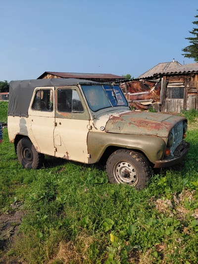 The image shows a weathered, light-colored off-road vehicle parked in a grassy area with overgrown vegetation. The vehicle has a black soft top and appears to be in a state of disrepair, with visible rust and missing parts. In the background, there are several dilapidated wooden structures with corrugated metal roofing, suggesting a rural or abandoned setting. A tall evergreen tree is visible on the right side of the frame, and the sky is clear and blue. The scene is likely located in the village of Novosyolovo, Russia, based on the context provided. There are no people clearly depicted in the image, though a shadow on the side of the vehicle might suggest a person's presence.