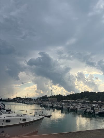This media file depicts a marina at Roccella Ionica, Italy. The scene is dominated by a dramatic sky filled with both dark, heavy storm clouds and patches of bright sunlight breaking through, suggesting a dynamic weather event. The water is calm and reflects the sky and the line of docked boats. The boats, predominantly white with some dark accents, are moored in orderly rows. They appear to be a mix of motorboats and sailboats. Some of the boats have outboard motors. The hull of the closest boat in the foreground has the text "1SV437D" clearly visible.

Behind the marina, a dense line of trees forms a dark, verdant backdrop against the sky, with some buildings partially visible amongst the foliage. The time of day appears to be late afternoon or early evening, given the quality of the light. The overall mood is one of atmospheric tension due to the weather, contrasted with the peaceful stillness of the harbor. No people are clearly visible in the image.