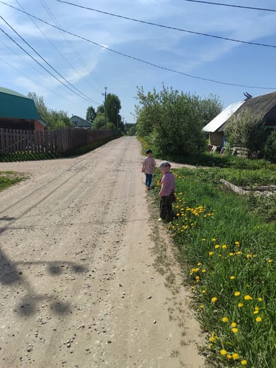 Two children are walking on a dirt road in the village of Sovetsko-Nikol'skoe, Russia. The road is unpaved and dusty with scattered pebbles. The child in the foreground wears a red and white striped shirt, camouflage pants, and a cap. The second child is wearing a pink shirt and blue pants. They are walking away from the camera on the road. Tall grass and dandelions grow along the roadside. A wooden fence and various houses are visible in the background. Overhead, power lines stretch across the sky. The sky is blue with some clouds. The scene is lit by sunlight, casting shadows on the road.