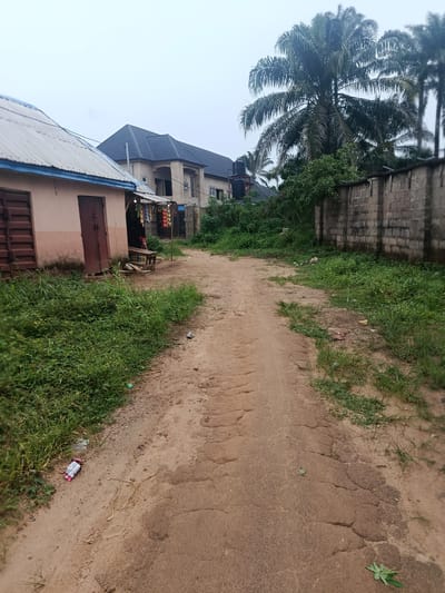 The image depicts a dirt road in a village setting, likely in Ukpor, Nigeria. The road is unpaved and shows signs of wear and tear, with visible cracks and uneven surfaces. On the left side of the road, there is a small, single-story building with a metal roof and brown wooden doors. It appears to be a small shop or kiosk, with items displayed for sale under a small awning. The building is painted a light pinkish-beige color. Next to it, on the left, is a large metal structure that might be a gate or a storage unit.
Across the road and further down, a larger, modern two-story building with a dark tiled roof is visible. Adjacent to this building, there are water tanks. In the background, there are tall palm trees and other lush greenery, suggesting a tropical or subtropical climate. A concrete wall runs along the right side of the road, partially covered by vegetation. The sky is overcast, indicating a cloudy day, possibly with rain imminent. There is no visible activity or people in the scene, giving it a quiet, almost deserted feel. The overall impression is one of a rural or semi-urban area experiencing modest development, with older structures existing alongside newer constructions. Scattered litter, including a plastic bottle and wrappers, is visible on the side of the road and the grassy verges.