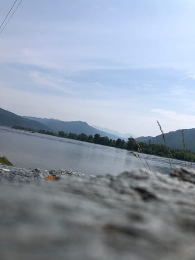 This is a landscape photograph of a wide, calm river with a tree-lined bank and mountains in the background, under a hazy sky. In the foreground, there is a rough, grey surface, possibly a rocky embankment or a bridge railing, out of focus. The river appears to be flowing from left to right. The mountains are layered, with the furthest ranges appearing lighter and more blue due to atmospheric perspective. The sky is a pale blue with thin, wispy clouds. There are some tall grasses in the middle ground to the right, also slightly out of focus. The scene appears to be set in a natural environment, possibly in or near the village of Сизая, Russia, given the mountainous terrain and river. No people or specific man-made structures beyond what appears to be a distant utility pole are clearly visible, except for the possibility of the foreground being part of a man-made structure. The overall mood is serene and expansive.