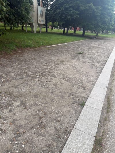The image shows a path in Dolna Mitropolia, Bulgaria. The path is made of packed gravel and dirt, with a border of light gray, tiled pavers on one side. Along the other side of the path is a grassy area with trees and foliage. A sign is visible among the trees. The lighting suggests it is daytime.
