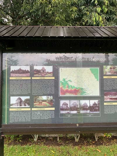 The image shows a sign located at latitude -7.604, longitude 110.23 in Mungkid, Indonesia. The sign is made of wood and black metal and is mounted on a metal pole. The sign displays information about the "Kawasan Cagar Budaya Borobudur," a cultural heritage site. There are six images on the sign, each depicting a different temple or site within the area. The images are accompanied by text in Indonesian that provides information about each site. The background is a lush, green, tropical environment. The sign is attached to a metal pole. There are no people in the image.