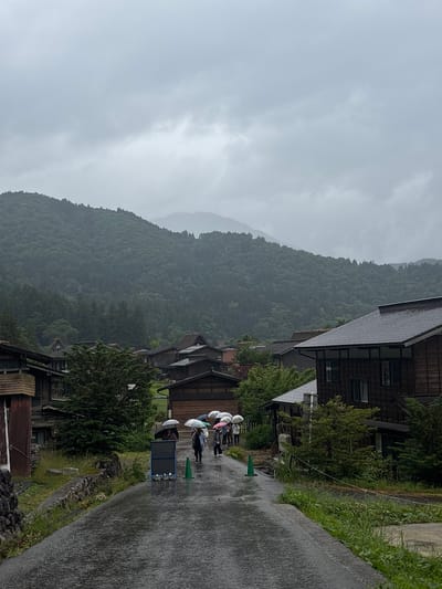The image depicts a detailed scene within a traditional village in Shirakawa, Japan, under an overcast and rainy sky.

The weather is characterized by heavy, uniform grey clouds dominating the upper half of the frame, and the ground, particularly the paved road, is visibly wet with reflections, indicating recent or ongoing rain.

In the background, densely forested mountains rise steeply, appearing lush green and extending across the horizon. Distant peaks are partially obscured by atmospheric haze or low-hanging clouds, emphasizing the mountainous terrain.

The midground and foreground showcase a traditional Japanese village. A dark, wet asphalt road, appearing to curve slightly to the right, extends into the distance. Along the left side of the road, a low stone wall is visible, topped with overgrown grass and small plants. Adjacent to this, parts of dark wooden traditional Japanese houses are visible, one featuring a reddish, rusted corrugated metal panel on its side. A dense, dark green conifer stands behind the stone wall. A blue-framed sign, likely informational or directional, is positioned on the left side of the road.

On the right side of the road, a prominent multi-story dark wooden house with a moderately pitched grey tiled roof is visible. Its facade consists of dark vertical wooden planks with multiple rectangular windows. Other dark wooden structures are partially discernible behind and to the right of this house, interspersed with green foliage. A bright green traffic cone stands on the right edge of the road, opposite the blue sign.

A group of approximately seven to eight individuals is walking away from the viewer down the wet road in the mid-distance. Each person is holding an open umbrella of various colors, including white, light blue, pink, and black, providing protection from the rain. Their attire appears casual.

The overall scene conveys a quiet, damp, and traditional rural atmosphere in a mountainous region.