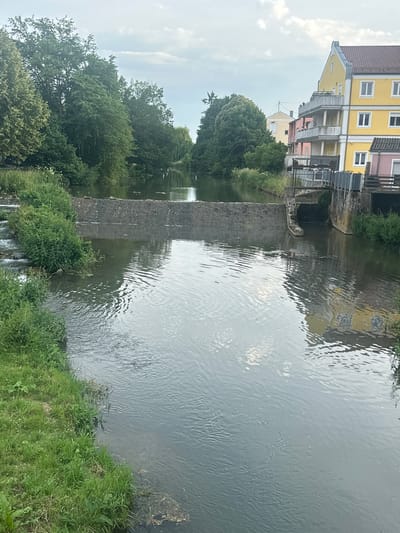 The image captures a serene view of the Abens river in Mainburg, Germany. The river flows calmly, with a small weir creating a gentle cascade on the left side, bordered by lush green grass and vegetation. On the right bank, a multi-story building with a distinctive yellow facade stands prominently, featuring balconies and white-framed windows. Adjacent to it, a darker pink building is partially visible. The river's surface reflects the sky, trees, and buildings, creating a tranquil, almost ethereal atmosphere. The sky is overcast, with soft clouds suggesting a mild, perhaps early evening, setting. The scene is devoid of any visible people or animals, emphasizing the natural beauty and peacefulness of the location.