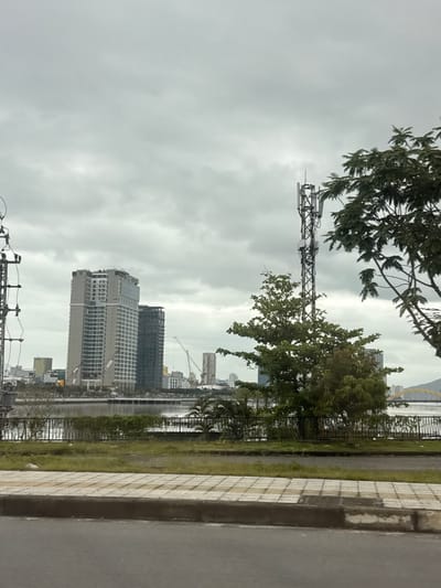 The image displays an urban riverside scene in Hòa Cường Ward, Vietnam, under an overcast sky. In the foreground, a paved sidewalk with light and dark square tiles borders a dark roadway, separated by a narrow strip of unkempt green grass. The midground features a calm body of water, likely a river, with reflections of the grey sky. Beyond the water, a black metal fence runs horizontally, partially obscured by green shrubs and trees. A tall, dark grey metal lattice cell tower, equipped with multiple white rectangular antennas, stands prominently in the right midground, partially framed by the dense green foliage of a large tree. The background reveals a cityscape across the water, characterized by several tall buildings, including two dominant multi-story structures (one light-colored, one dark) with visible construction elements. At least two yellow construction cranes are discernible between buildings, indicating ongoing development. Further to the right, a distinctive yellow arched bridge, consistent with the Dragon Bridge, spans the water. No individuals or active vehicles are present in the scene.