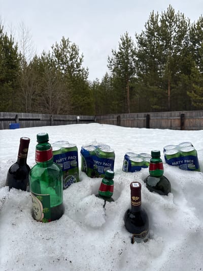 This media file captures an outdoor scene featuring an assortment of alcoholic beverages chilling in the snow. The primary subjects are several "PARTY PACKs" of green beer cans, along with multiple green glass bottles (likely liquor or beer) and dark red wine bottles, all nestled into the snow. The setting is a snowy environment, with snow covering the ground.
In the background, a wooden fence runs horizontally, separating the snowy foreground from a line of evergreen trees, possibly pines, and some bare deciduous trees under an overcast sky. The overall impression is one of a cold, perhaps winter or early spring, day.
No people are visible, but the arrangement of the beverages suggests preparations for a gathering or a simple method of keeping drinks cold outdoors.
Visible text on the beer cans includes "PARTY PACK," "ПАНК- ПЛЕЙЛИСТ" (Punk Playlist), and "GREENBEAT." One green bottle displays partial text "НЫЕ" and "PA." On the wine bottles, labels feature text such as "ТАМАРИЙ" (Tamary) and "АМАРИОНИ" (Amarioni), along with a small white sticker containing "258." The Cyrillic text visible on the labels supports the location context of Zheleznodorozhnyi, Russia.