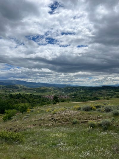 The image shows a landscape view from a high vantage point in Kornitsa, Bulgaria. The foreground is dominated by a hillside covered in green grass and wildflowers, particularly white ones. Further down the hillside, there are shrubs and some patches of yellow flowers. Beyond the hillside, a valley with rolling hills covered in green forests and interspersed with small villages stretches into the distance. The sky above is filled with dramatic clouds, with patches of blue visible between them. The clouds are predominantly white and gray, suggesting varying weather conditions.