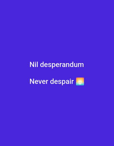 This is a digital image with a solid, vibrant blue background. White text is displayed in the center of the image. The top line of text reads "Nil desperandum". Below this, the second line of text reads "Never despair" and is followed by an emoji of a sunset over the ocean. The text is likely a quote or a motto. There are no people, objects, or a discernible scene depicted in the image, other than the text and the emoji. The overall mood conveyed by the text and the emoji is one of hope and optimism. The location context of Roghun, Tajikistan, does not provide any visual cues within the image itself.