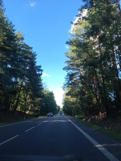 An asphalt road winds through a forest of tall coniferous trees under a clear blue sky with scattered white clouds. The road has white dashed lines marking lanes and a solid white line on the right side. Two cars are visible on the road; one black SUV is closer to the camera in the right lane, and a dark-colored car is further ahead in the left lane. The sun casts shadows through the trees onto the forest floor along the side of the road. The scene appears to be a rural or natural setting, possibly on the outskirts of a town or village.