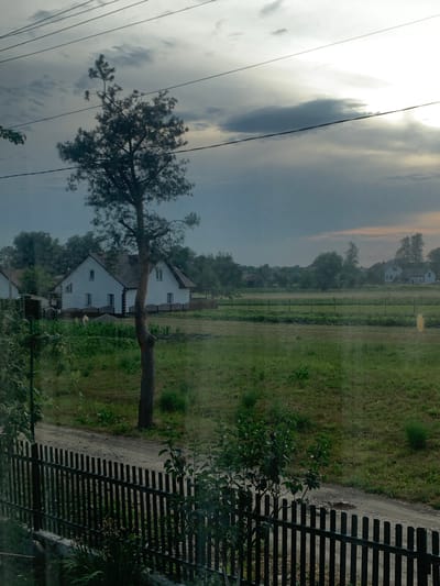 The image captures a reflection on a window, showing a rural landscape in Voiutychi, Ukraine. The scene is dominated by a cloudy sky with a bright sun breaking through, suggesting it's either early morning or late afternoon. A mature tree with sparse needles stands prominently in the foreground, its branches reaching across the frame. In the background, two white houses with dark roofs are visible, nestled amongst greenery and trees. A narrow dirt path runs alongside a grassy field, bordered by a dark, horizontal slatted fence on the right side of the image. The overall impression is one of a peaceful, slightly overcast rural setting. There is no visible text in the image.