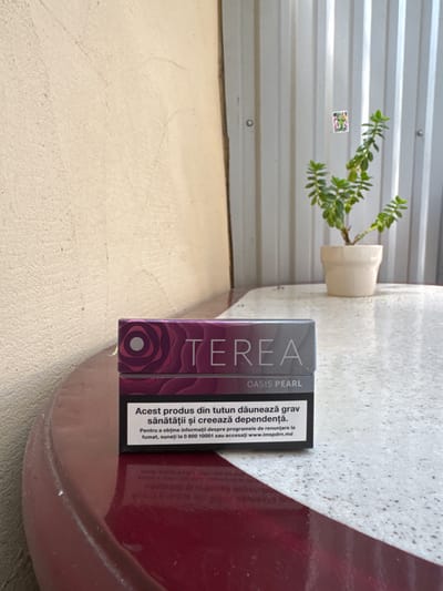 An eye-level, medium shot captures a TEREA branded pack of "OASIS PEARL" tobacco sticks positioned centrally on a speckled, light-colored round table. The pack, predominantly dark purple with a rose motif and silver lettering, is the main subject. Behind the pack, a thin, potted green plant with multiple stems and leaves stands in a light-colored ceramic pot. The background is divided, with the left side showing a textured, light-colored wall, and the right side featuring a corrugated metal wall. A small, colorful sticker is visible on the corrugated metal wall to the left of the plant. The scene is illuminated by natural light, casting subtle shadows. The location is identified as Suceava, Romania, based on the text present on the product packaging, specifically the website "www.imspdrn.md," which is a Romanian health institute's domain.