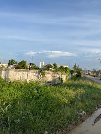 The image depicts an outdoor scene in Alurcucur, Indonesia, under a partly cloudy sky. In the foreground, tall green grass grows along a dirt path that leads to a muddy area with tire tracks. A low, cracked concrete wall runs horizontally across the middle ground, separating the grassy area from a road. Beyond the wall, buildings and trees are visible, including industrial structures with white tanks and pipes. The road to the right is lined with utility poles and power lines. Several motorcycles and a car are present on the road, with a few distant figures. Birds are scattered in the sky. The overall impression is one of an undeveloped or industrial fringe area within the city.