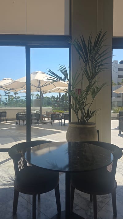 The image shows an outdoor seating area of a cafe or restaurant, viewed from inside through a large glass window. In the foreground, a round, dark, marble-topped table is set with two dark chairs with woven backs. Sunlight casts shadows from the chairs onto the marble floor. Behind the table, through the glass, an outdoor patio area is visible. This area features several large, beige umbrellas providing shade over comfortable seating arrangements, including sofas and chairs. Lush green palm trees and other foliage are scattered throughout the patio and beyond, suggesting a tropical or Mediterranean climate. In the background, a modern building complex with white facades and balconies can be seen. A tall potted palm plant is positioned to the right of the window, partially obscuring the view of the patio. The sky is clear and blue. The location is specified as the Parekklisia Community, Cyprus. There are no people visible in the scene.