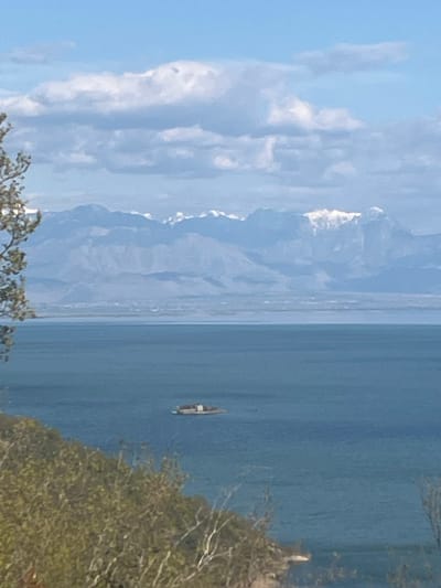 A vertical, medium shot depicts a tranquil scene in Godinje, Montenegro, featuring a body of water with a small boat in the center. Mountains are visible in the background, partially obscured by clouds and haze. In the foreground, tree branches with green leaves are present on the right and bottom of the frame. The sky is a pale blue with fluffy white clouds on the left.