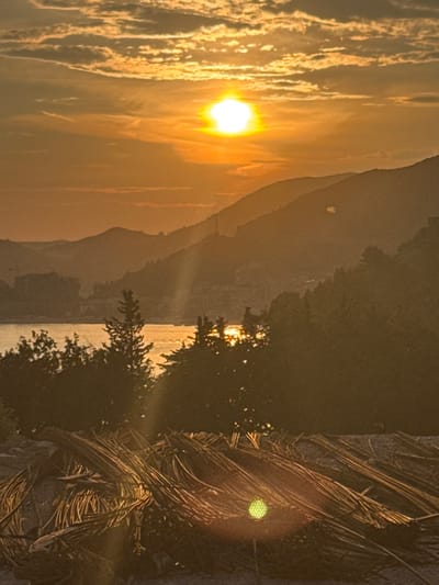 A vertical, full shot captures a warm sunset over Vrijesno, Montenegro. The sun, a bright orb, is positioned high in the sky, surrounded by scattered clouds tinged with orange and yellow. Layers of distant, silhouetted mountains fade into the hazy sky, their contours softened by the golden light. Below the mountains, a body of water reflects the warm glow of the sunset, with a hint of buildings and trees visible on the far shore. In the foreground, a pile of dried, straw-like material lies on the ground, its texture and details illuminated by the low-lying sun. The overall scene evokes a peaceful and serene atmosphere, with the natural elements of the sunset and landscape dominating the composition.