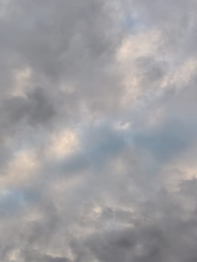 A low-angle, full-frame, vertical shot captures a dynamic sky filled with a variety of cloud formations. The clouds are predominantly a mix of grays and whites, with hints of pale yellow and soft blue peeking through in some areas. The lighting suggests it is either early morning or late afternoon, as the sun's rays are diffused by the cloud cover, creating a soft, ethereal glow in patches. There are no visible buildings, people, animals, or man-made objects, suggesting the photo was taken from an open area, possibly a field or a body of water, with an unobstructed view of the sky. The image evokes a sense of atmospheric weather, potentially indicative of an approaching storm or the clearing after one. The location is identified as Venykovo, Russia.