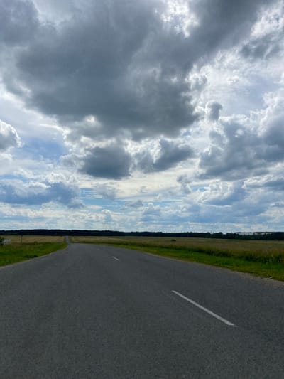 This is a vertical, eye-level, medium shot photograph taken from an asphalt road in the village of Salonetski, Belarus, on a cloudy day. The road, which curves slightly to the left, is the main subject of the foreground, with a white line marking its right lane. On either side of the road are fields of grass and crops. A dark line of trees forms a horizon in the middle distance, behind which a lighter horizon is visible. The sky is filled with a variety of clouds, ranging from dark gray to white, with patches of blue sky visible between them.