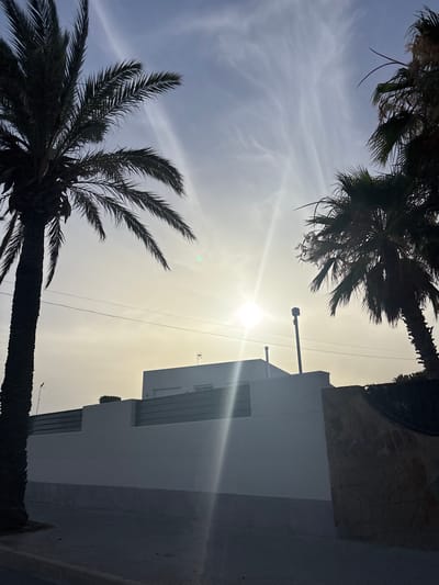 The image depicts a street scene in Urbanización Cabo Roig, Spain, characterized by a modern white building and a stone-faced wall. Two prominent palm trees frame the scene, their silhouettes stark against the bright sky. The sun is visible, casting a glare and creating lens flare effects. A streetlamp and a chimney are also present on the roof of the building. The sky is partly cloudy with wispy cirrus formations. The lower portion of the image shows a paved sidewalk and road, suggesting a residential or commercial area. The overall impression is one of a bright, sunny day in a coastal Spanish location.
