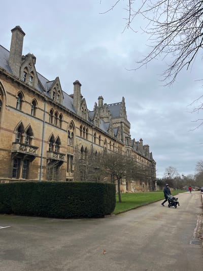 The image displays the Meadow Building of Christ Church College in Oxford, United Kingdom, viewed from a paved path bordering Christ Church Meadow. The imposing, multi-story Gothic Revival building, constructed from light-colored stone with a dark slate roof, occupies the left and central midground. It features numerous chimneys, gothic-arched windows, and decorative stone dormers, with projecting stone balconies visible on its lower levels. A distinct, taller, and more ornate section of the building with a complex, turreted roofline is visible towards the right end of the main structure.
In the foreground, a dark green, well-trimmed hedge separates a paved area from a manicured green lawn. A paved pathway extends from the mid-foreground into the background on the right, bordered by a strip of grass and then a dirt path. A person in dark clothing and a pink beanie is actively pushing a dark stroller along this paved pathway, moving from right to left. Further in the background, a second individual wearing red clothing is visible walking on a distant path. Bare deciduous trees are scattered across the scene, particularly along the lawn edge and framing the upper right sky. The sky is uniformly grey and overcast, indicating a cool, diffuse light.