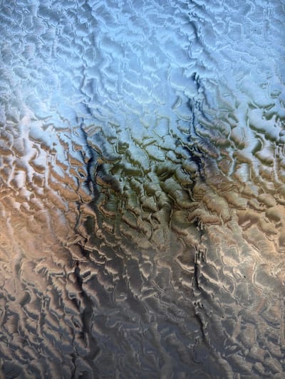 The image displays an abstract, textured surface with a gradient of colors ranging from cool blues and silvers in the upper portion to warmer browns and dark grays towards the bottom. The texture appears to be a repetitive, wave-like pattern, possibly created by machine tooling or natural erosion. Light reflects off the ridges and valleys of this pattern, creating a sense of depth and movement. There are no discernible people, animals, or specific objects identifiable within the image.
This abstract texture does not provide any visual cues to identify a specific location within the city of Piacenza, Italy, or any other geographical context.