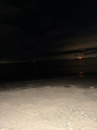 This is a nighttime photograph of a beach with a body of water on the left and sand on the right. The image is oriented vertically, with the horizon running diagonally from the top left to the bottom right.

The water appears dark and still, reflecting faint lights from what might be distant structures or boats. A line of small, bright lights is visible stretching across the water in the distance, possibly indicating a town or a bridge. The sand is light-colored and appears to be composed of fine grains with scattered small pebbles or shells. The transition between the water and the sand is sharp and defined.

The time of day is clearly night, given the darkness and the artificial lights. The weather appears calm, with no indications of strong winds or rough seas. The location is identified as Chiba, Japan, which suggests this is a coastal scene. There are no people or specific objects readily identifiable in the frame, and no visible text. The overall mood is tranquil and somewhat mysterious due to the darkness and the subtle illumination from the distant lights.