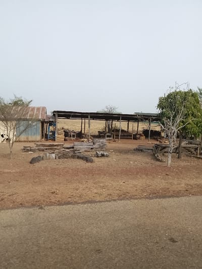 The image depicts an outdoor timber processing or storage facility in Minting Chip, Nigeria, under an overcast sky. In the foreground, a dark asphalt or compacted dirt road transitions to dry, reddish-brown earth. The midground features a small building with light-blue corrugated metal siding and a rusted corrugated roof on the left. Adjacent to it and extending across the center is a long, open-sided shed with a dark corrugated metal roof supported by wooden posts. Piles of raw lumber, cut planks, and dark wood debris are scattered on the ground in front of and within the shed, alongside visible workbenches or tables. Sparse, mostly leafless trees are present on both sides of the scene, with one tree retaining some green foliage on the right. No individuals are visible. The background reveals a dry, light brown field extending to the horizon under a uniform light gray sky.