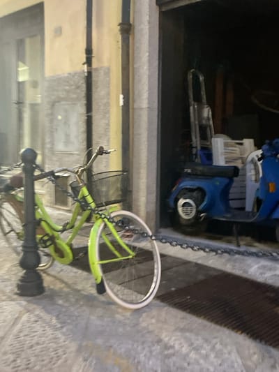 The image depicts a lime green bicycle chained to a black metal post in front of a garage door in the city of Portoferraio, Italy. The bicycle is facing the street, and its front wheel is visible. The garage door is open, and a blue moped is parked inside, partially obscured by a metal ladder. The moped is facing the street, with its rear wheel visible. The scene is dimly lit, and the ground is paved with cobblestones. There are no people visible in the image. The environment is urban and residential. The image was taken in Portoferraio, Italy, at the coordinates 42.815, 10.331.