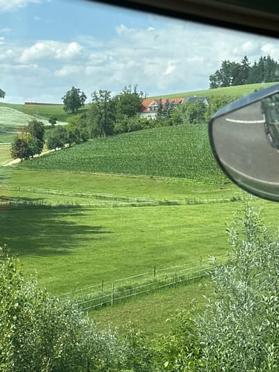This is a photograph taken from inside a vehicle, looking out through a window. The scene is a rural landscape in Germany, likely near Wasserburg on Lake Constance (Bodensee), as suggested by the context. The image is oriented vertically, as if the camera was held upright.

The main subjects are agricultural fields and some trees. To the left, a large field of green crops, possibly corn or a similar tall plant, stretches into the distance. Further left and in the background, a building with a red roof and solar panels is visible, nestled amongst trees. A section of a road or path can be seen leading towards it. In the far left of the frame, the sky is blue with scattered white clouds.

To the right of the crop field is a vast expanse of bright green grass, likely a pasture or another type of field. A thin fence line with multiple wires runs horizontally across this grassy area. In the foreground on the right, the branches and leaves of a tree or bushes partially obscure the view of the field. Shadows of trees are cast across the grassy field, indicating it is daytime, likely late morning or afternoon, with the sun positioned to the left and behind the viewer.

A prominent object in the upper portion of the image, reflected in the car's window, appears to be a rearview mirror. There is no visible text in the image. The overall impression is one of a peaceful, sunny day in a cultivated rural environment.