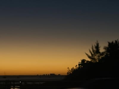A twilight scene shows a gradient sky transitioning from a deep blue at the top to a soft golden hue near the horizon. In silhouette on the right are trees, possibly pines or palms, obscuring the low horizon. Across the water, faint dark shapes suggest distant buildings or land formations. A dark foreground likely contains a railing or some structure, adding depth to the view. The light is soft and muted.