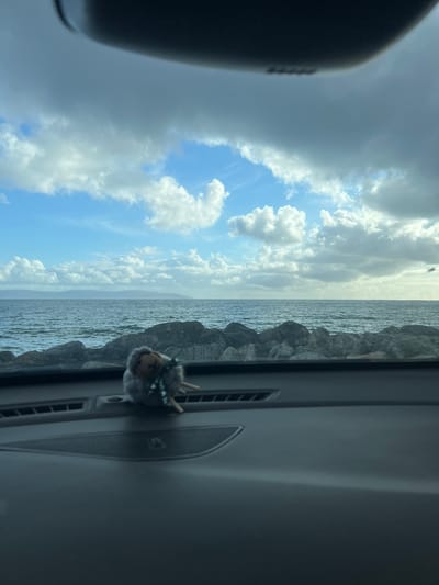 The image depicts a coastal view from inside a vehicle, likely a car. The landscape consists of a body of water with a rocky shoreline visible on the right side of the frame. The sky overhead is filled with a mix of cumulus clouds, varying in shades from bright white to dark grey. Part of the car's interior, including the dashboard and a rearview mirror, are visible, and there's a small stuffed animal toy attached to the dashboard.
Due to the lack of distinguishable landmarks, the exact location within Galway, Ireland, cannot be precisely determined, but the image suggests a coastal area.