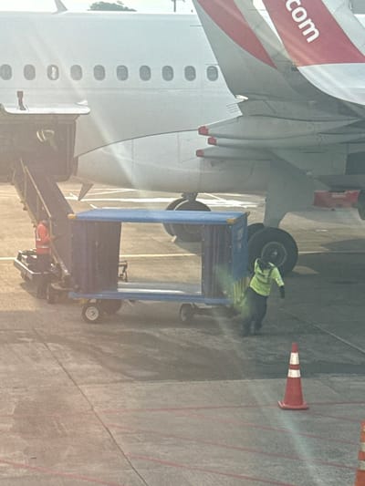 A worker wearing a high-visibility vest stands near an airplane wheel, next to a blue luggage carrier. The aircraft has the text ".com" visible on its wing. The plane's tail fin is red and white. A row of oval windows runs along the fuselage. A red and white traffic cone is placed on the tarmac near the plane's wing.