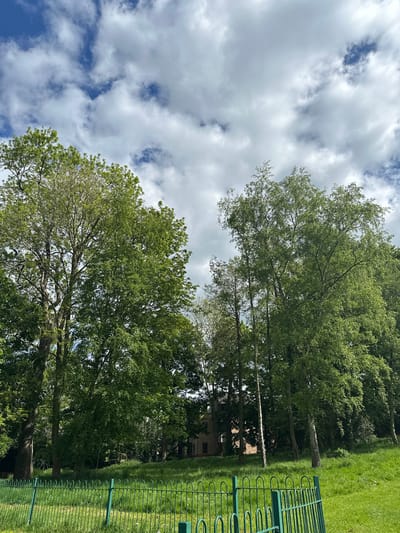 The image shows a view of a park scene in Macclesfield, United Kingdom. The sky is partly cloudy with patches of blue. The scene contains trees with green foliage, a green metal fence, and grassy areas. A building is partially visible in the background, obscured by the trees. There are no people visible in the image.