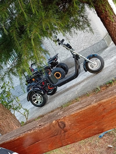 A four-wheeled electric scooter sits on a paved surface next to a wooden structure. The scooter has a black frame, one front wheel with a decorative fender, and three rear wheels of different sizes, some with orange accents. A tree with pine-like needles overhangs the scooter. Another tree trunk is visible nearby. The scene appears to be outdoors and is located in Malko Chochoveni, Bulgaria.