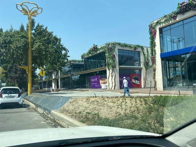 The image depicts a modern building facade in Andijan City, Uzbekistan, adorned with artificial grapevines and clusters of purple grapes. The building features large glass windows and appears to be a commercial establishment. In the foreground, a white Chevrolet car is parked on the right side of a paved road. A lone individual, wearing a white shirt and blue jeans, walks along the sidewalk in front of the building. To the left of the building, a distinctive yellow street lamp shaped like a stylized flower stands tall against a clear blue sky. The overall scene suggests a bright, sunny day in an urban environment.