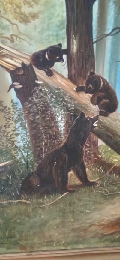 The image is a painting of four bears in a forest. One bear is in the foreground, sitting on the ground with its head down. Two other bears are in the middle ground, one sitting on a fallen log and another climbing a tree. The fourth bear is in the background, perched on a branch. The environment is lush and green, with trees and foliage dominating the scene. The painting style is realistic, capturing the textures of the fur and the bark of the trees. The lighting suggests a dappled sunlight filtering through the trees. There is no identifiable information within the painting that suggests a specific location in the city of Khanty-Mansiysk, Russia, or any urban environment.