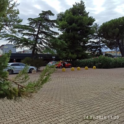 A view of a parking lot in Modugno, Italy, with paved ground and several vehicles. A silver hatchback is parked in the foreground, facing right. Behind it, a red hatchback is parked, with its passenger door open and a person inside. A light gray hatchback is parked further back. Yellow bollards are arranged in a line in front of a dense hedge with pink and white flowers. Mature pine trees and other greenery surround the parking area, and buildings are visible in the background. The sky is overcast. A timestamp reads "24.07.2026 11:20".